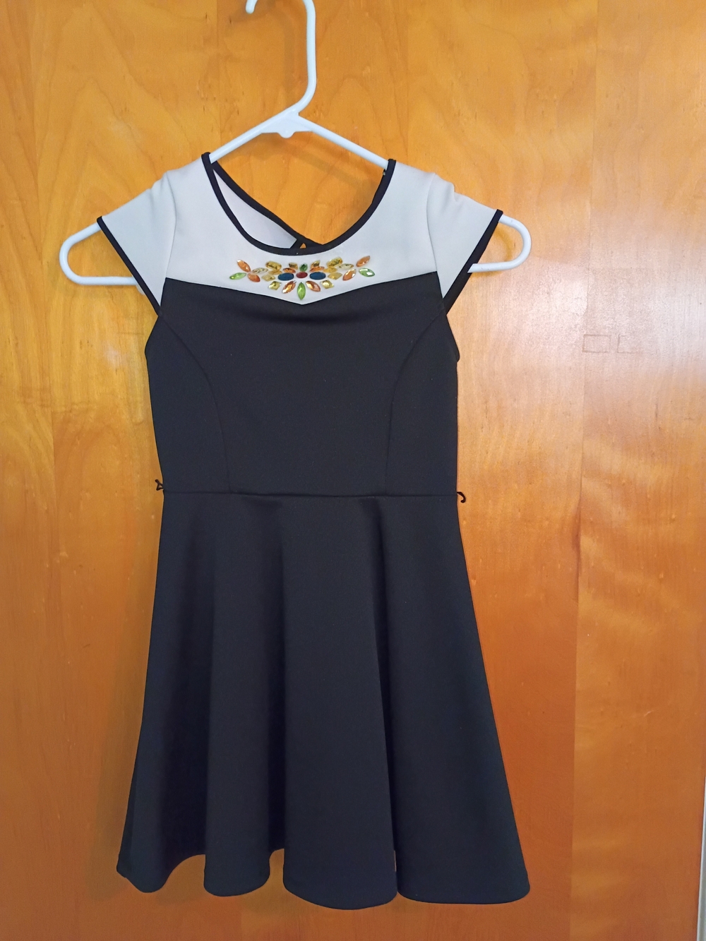 Sally Miller Black Dress with White Yoke and Jeweled Detail Girls Size 7